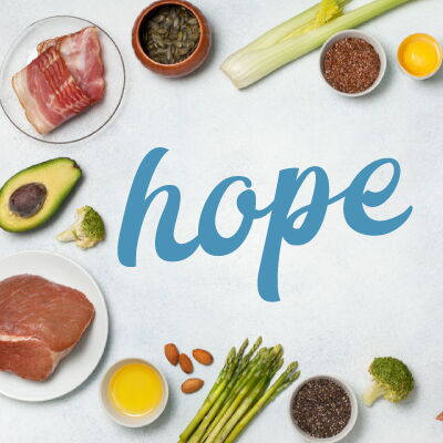Word "hope" surrounded by ketogenic foods
